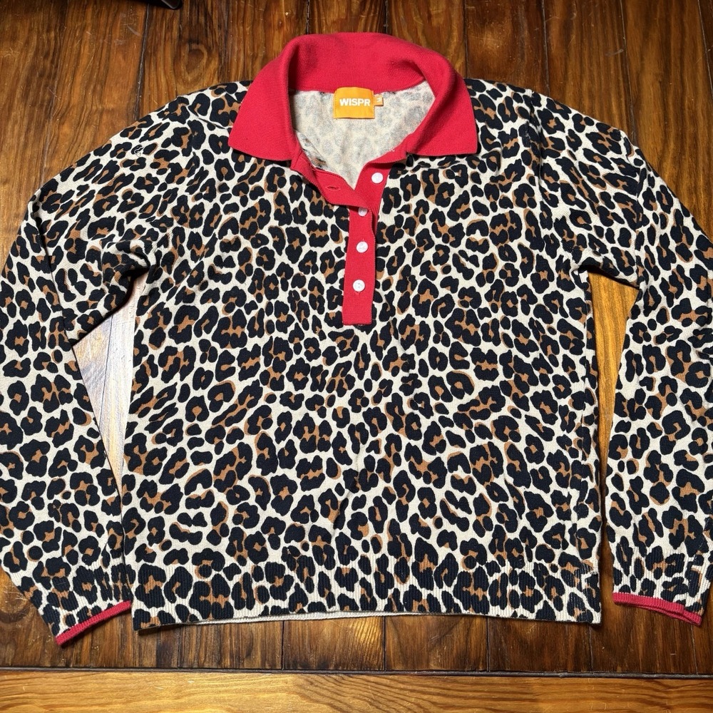 Wispr by Brodie Contrast Leopard Red Polo Collared Sweater M A1450